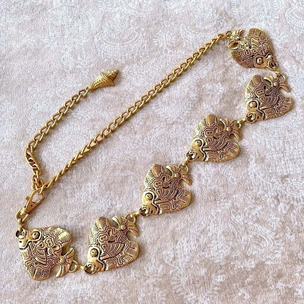 VINTAGE Gold Tone Tropical Angel Fish Chain Belt Metal Cinch Waist Lobster Clasp